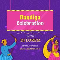 dandiya celebracion invitación tarjeta con sin rostro indio Pareja jugando en púrpura remolino modelo antecedentes. vector