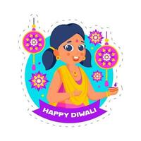 contento diwali concepto con dibujos animados niña participación iluminado petróleo lámpara, mandala ornamento en azul y blanco antecedentes. vector