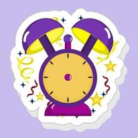 aislado alarma reloj icono en pegatina estilo en púrpura antecedentes. vector
