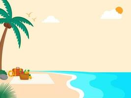 Summer time, traveling concept, beach background, shiny sun, palm trees and fruits basket. Flat style illustration for summer holidays. vector