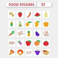 Food Sticker Set Of Funny Cartoon Vegetable With Fruit And Given message Over Sqaure Background. vector