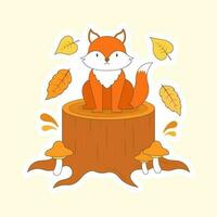 Cute Cat Sitting On Stump With Toadstools And Autumn Leaves Over Cosmic Latte Background. vector