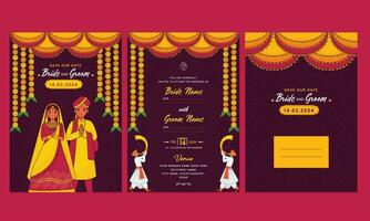 Wedding Invitation Card Templates With Indian Couple Greeting Namaste And Envelope Illustration In Purple Color. vector