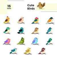 Diverse Types of Birds Sitting On Branch Icon In Flat Style. vector