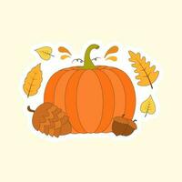 Illustration Of Pumpkin With Hop, Acorns And Autumn Leaves On Cosmic Latte Background. vector