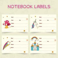 Set Of 04 Notebook Label Or Name Tag On Doodle School Elements Decorated Beige Background. vector