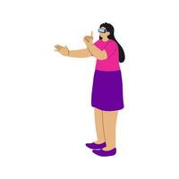 personaje de joven mujer vistiendo vr lentes en en pie pose. vector