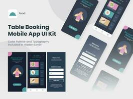 Table Booking Mobile App UI Kit Including Sign Up, Food Menu, Reservation Screen for Restaurant or Hotel. vector