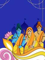 Hindu Mythology Lord Rama With His Wife, Brother Lakshman Character And Copy Space On Blue Temple Or Ayodhya View Background. vector