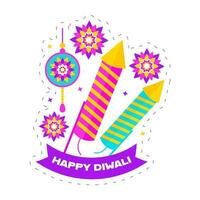 contento diwali celebracion concepto con fuegos artificiales cohetes y mandala ornamento en blanco fondo vector