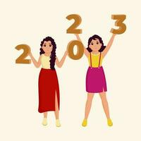 Attractive Modern Young Girls Holding Numbers Of 3D 2023 On Cosmic Latte Background For New Year Event. vector