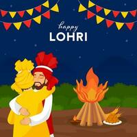 Happy Lohri Celebration Background With Festival Elements And Punjabi Men Hugging To Each Other. vector