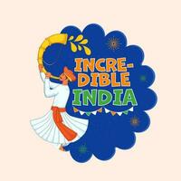 Incredible India Font With Bunting Flags, Man Blowing Tutari Horn In Traditional Attire On Blue And Pastel Pink Background. vector