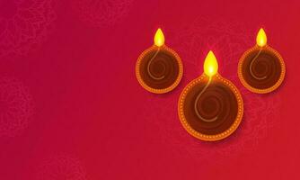 Top View Of Illuminated Oil Lamps And Copy Space On Red Mandala Pattern Background. vector