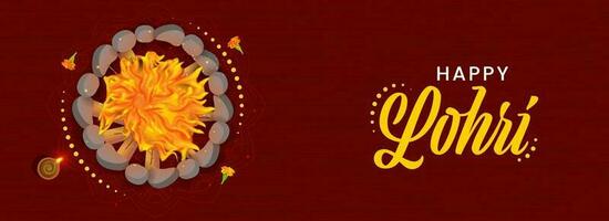 Happy Lohri Celebration Banner Or Header Design With Top View Of Bonfire, Lit Oil Lamp And Marigold Flowers On Dark Red Wood Texture Background. vector