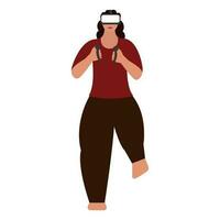 joven mujer vistiendo vr auriculares con sostener controlador para virtual realidad juego jugar. vector