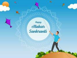 contento makar sankranti celebracion póster diseño con sin rostro joven chico volador cometa y Dom en azul mandala marco antecedentes. vector