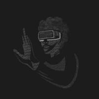 Human Made Of Particle Dots With Wearing VR Box Against Black Background. vector