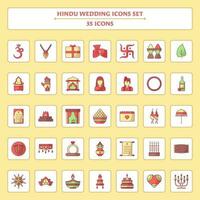 Set Of 35 Hindu Wedding Ceremony Icons Over Square Yellow Background. vector