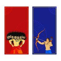 Lord Rama Taking Aim, Demon King Ravana Character, Vertical Banners Design for Dussehra Festival. vector