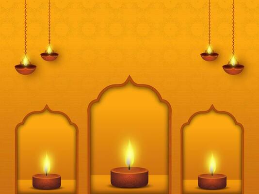 Chrome Yellow Mandala Pattern Background With Lit Oil Lamps Hang, Tealight Candles And Copy Space.