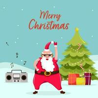 dibujos animados Papa Noel claus bailando con cinta grabadora, decorativo Navidad árbol, regalo cajas en azul nevada antecedentes para alegre Navidad concepto. vector