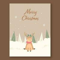 Merry Christmas Greeting Card Or Flyer Design With Cartoon Reindeer, Xmas Tree And Snowfall On Beige Background. vector