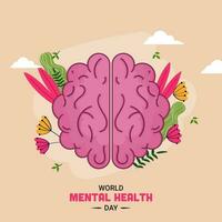 World Mental Health Day Concept With Vector Brain, Flower And Leaves On Peach Background.