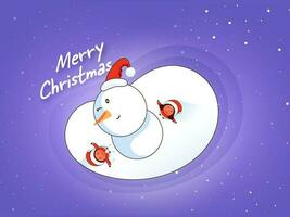 Merry Christmas Concept With Top View Of Funny Snowman, Kids Wearing Santa Costume On White Snowy And Purple Background. vector