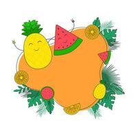 Summer time concept with happy pineapple, watermelon and green leaves with space for your message. vector