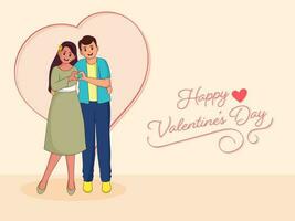 Happy Valentine's Day Font With Cheerful Young Couple Making A Heart From Their Hands On Light Peach Background. vector