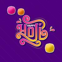 Sticker Gradient Happy Holi Font With Top View Plates Full Of Dry Color On Purple Diagonal Dotted Lines Background. vector