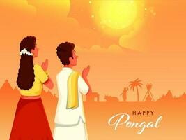 South Indian Couple Doing Sun God Worship On Orange Background For Happy Pongal Celebration Concept. vector