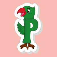 Sticker Style P Alphabet Animal Cartoon Parrot On Pink Background. vector