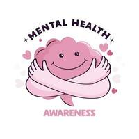 Awareness Mental Health Day Concept With Smiley Brain And Crossed Hands As Hug On White Background. vector