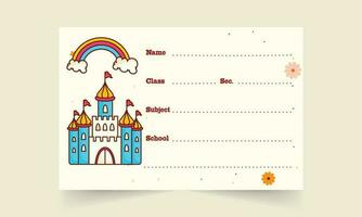 Isolated Castle With Rainbow Name Tag Or Notebook Label On Beige Background. vector