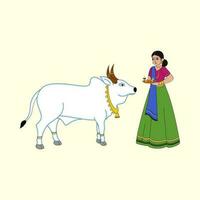 South Indian Young Lady Worshipping The Bull Animal On Pastel Yellow Background. vector