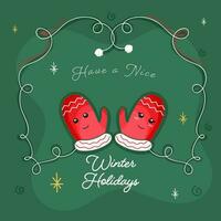 Winter Holidays Greeting Card With Cartoon Santa Gloves Against Green Background. vector