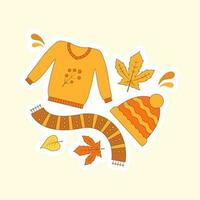 Thanksgiving festival elements like sweater, scarf, cap and autmn leaves. Sticker, label or tag design. vector
