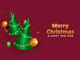 3D Render Of Cone Shape Xmas Tree Decorated By Lighting Garland With Golden Curl Ribbon And Baubles On Burgundy Background For Merry Christmas and New Year Concept. vector