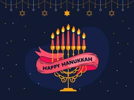 Happy Hanukkah Message Ribbon With Lit Candelabra And Hanging Stars Of David On Blue Background. vector