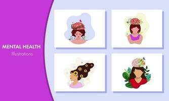 Set Of World Mental Health Day Concept With Female Character Against Background. vector