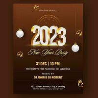 2023 New Year Party Flyer Design With Baubles, Golden Curl Ribbons And Event Details. vector