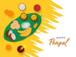 contento pongal celebracion concepto con parte superior ver de sadya plato terminado plátano hoja y cromo amarillo cepillo efecto en blanco antecedentes. vector