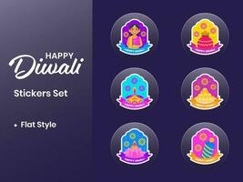 Sticker Style Happy Diwali Celebration Concept Set On Blue Background. vector