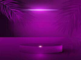 3D Empty Podium And Fir Leaves On Purple Lights Effect Background for Product Advertisement or Presentation Purpose. vector