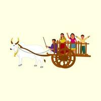 South Indian Man Riding Bullock Cart And Children Enjoying Against Pastel Yellow Background. vector