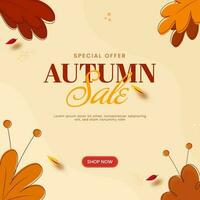 Autumn Sale Poster Design With Leaves Against Pastel Peach Background For Advertising. vector