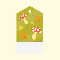 Flat Toadstools With Autumn Leaves Decorated Tag Or Label On Cosmic Latte Background. vector