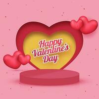 Sticker Style Happy Valentine's Day Font With 3D Podium On Colorful Paper Layer Cut Heart Shape Background. vector